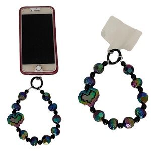 Iridescent Purple & Green Heart Large Beaded Charm Phone Accessory Wristlet